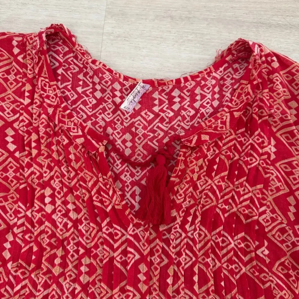 Free People Pintuck Marlow Swing Dress Tunic Red Cream Orange Size Small
